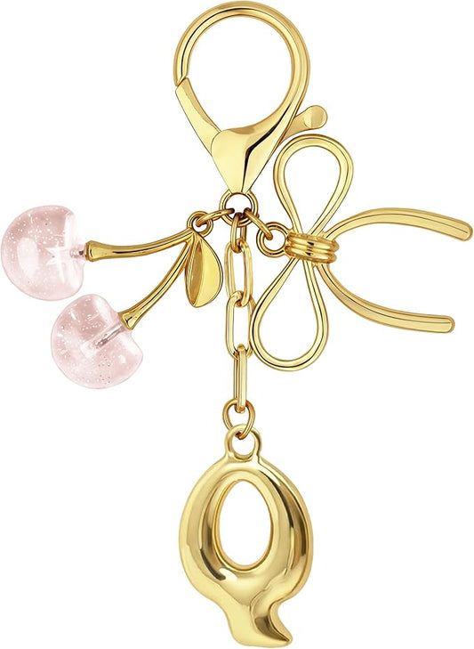 Gold Bubble Heart, Cherry, Bow & More Designs Letter Initial Keychain Bag Charms – Cute Purse Charms for Handbags