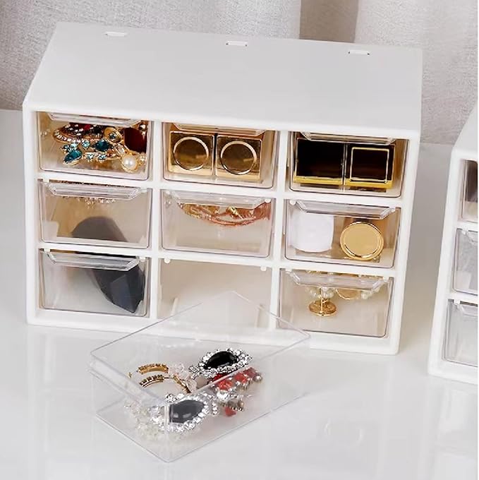 Feadily 4PCS Small Drawer Organizer for Desk, Desktop Drawer Organizer with 9 Clear Drawers, Plastic Desktop Storage Drawers 7.1 Inch x 3 .9 Inch x 4.7 Inch, White