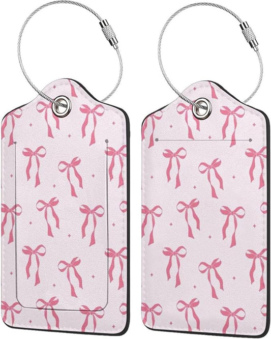 2pcs Leather Pink Bow Luggage Tags Trendy Watercolor Pink Bow Tie Identification Tags for Suitcase, Aesthetic Preppy Identify Labels Travel Tags for Backpack Suitcase