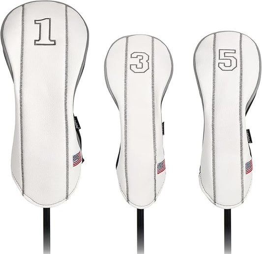 Golf Club Head Covers - Driver, Fairway #3#5, Hybrid Headgear - USA Flag Design - PU Leather - 3 Piece Set for Men and Women
