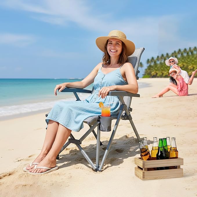 SUNNYFEEL 3-Position Recliner High-Back Camping Chair, Heavy Duty 500lbs Folding Chair with Hard Armrests & Cup Holder, Grey Ergonomic Chairs TPEE Breathable Mesh for Outdoor, Camp, Beach, Travel