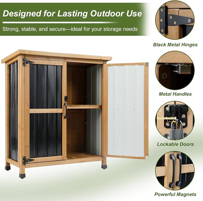 Ketive Small Outdoor Storage Cabinet Wood & Metal, Small Garden Tool Storage - Image 6
