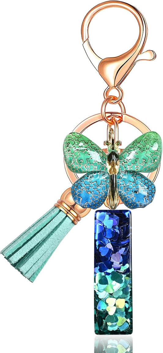 JINGUAZI Initial letter Keychains for Women Tassel Butterfly Pink Purple Cute Car Keychain for Wallet Backpack bag charm