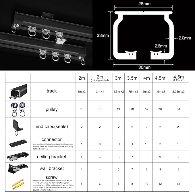 Aluminum Alloy Silent Curtain Tracks Ceiling Or Wall Mounted Curtain Rail Drapes Rail Room Dividers Sliding Curtain Rail (black, 4m)