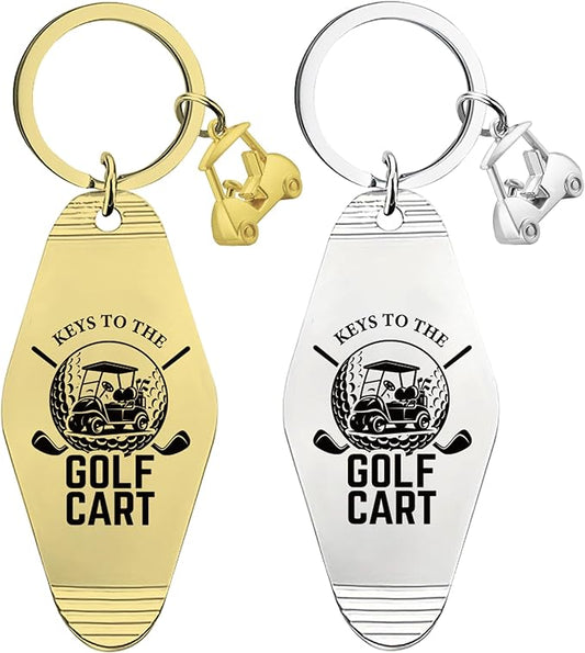 2pcs Golf Cart Keychain for Golfer, Retro Metal Car Accessories, Funny Golf Birthday Gifts Key Ring for Men Father Husband