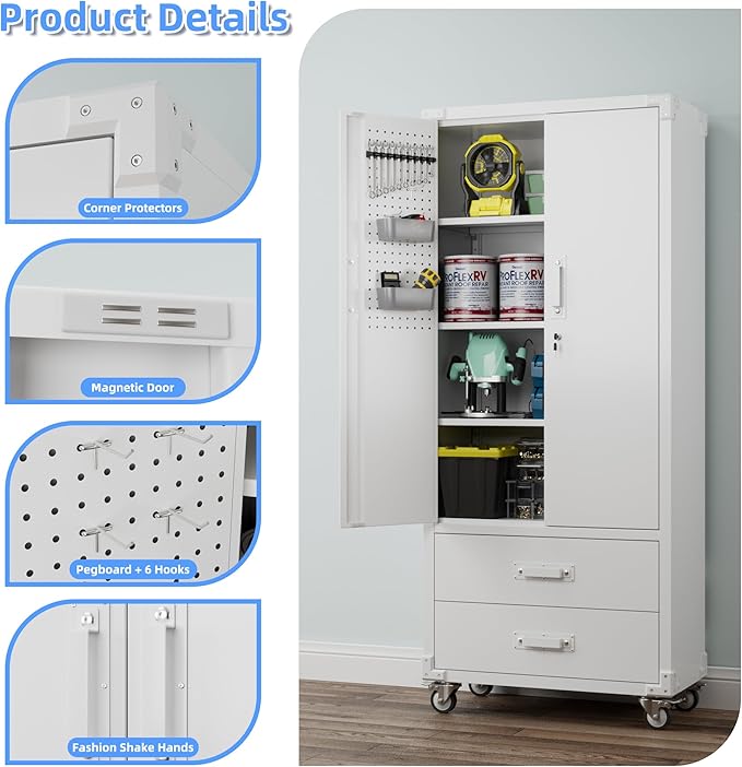 SUXXAN Rolling Storage Cabinet with 2 Doors and 2 Drawers, Heavy Duty Metal Storage Cabinet with Shelves, Locking Steel Cabinet for Warehouse, Home, Office (White)
