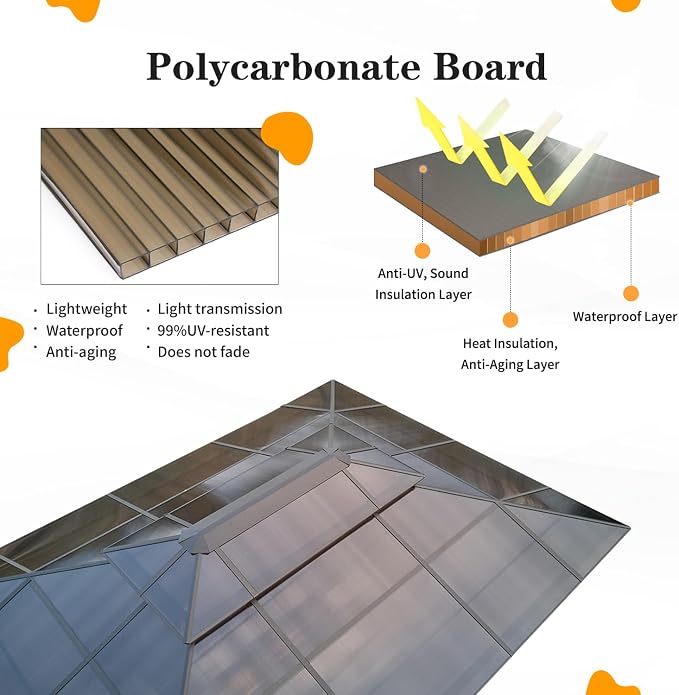 12'x16' Hardtop Gazebo, Outdoor Polycarbonate Double Roof Canopy, Aluminum - Image 5