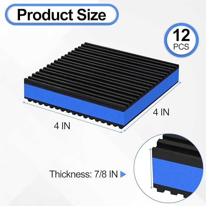 12 Pack Anti Vibration Pads for Washing Machine 4"x4"x7/8", Sound Isolation Vibrating Pad Ribbed Rubber Damping Mat EVA Center for Air Compressors, Conditioner, Treadmill, HVAC Washer Dryer