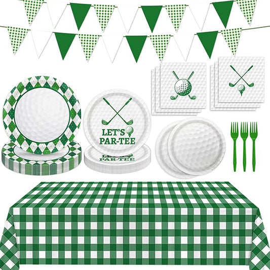 Golf Party Decorations Include Plates, Napkins, Forks, Banner, Tablecloth — Sports Birthday or Baby Shower Golf Birthday Decorations, Serves 24