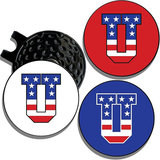 Wolf Golf Towels Golf Ball Marker Hat Clip | USA Monogram | 1 Magnetic Clip + 3 Ball Markers | Patriotic Golf Accessories for Men & Women