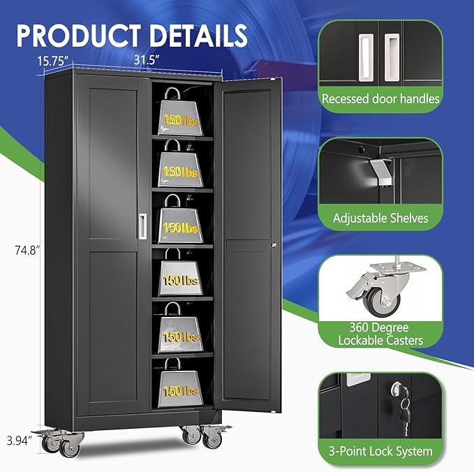 75" Tall Metal Garage Storage Cabinet with Wheels and Locking Doors and Tall Rolling Steel Tool Cabinet with 5 Adjustable Shelves for Garage,Home,Office,Shop (Black)