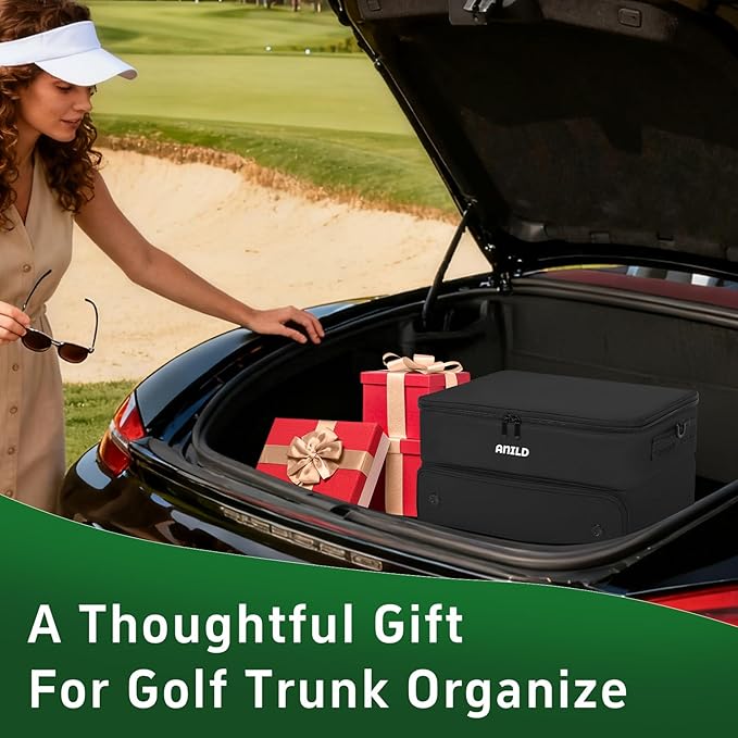 ANILD Golf Trunk Organizer, 2 Layer Golf Storage Case with Separate Ventilated Compartment for 2 Pair Shoes, for Balls, Tees, Clothes, Gloves, Accessories, Golfer Gifts