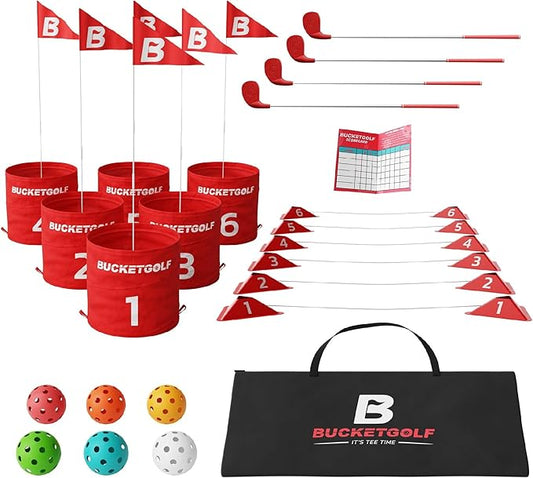 bucketgolf Game 6 Hole Bundle with Clubs - The Best Backyard Golf Game for All Ages and Levels Adults, Kids, Families, Schools, Yards, Parks, Beaches, Vacation. (4 Clubs (4 RH))