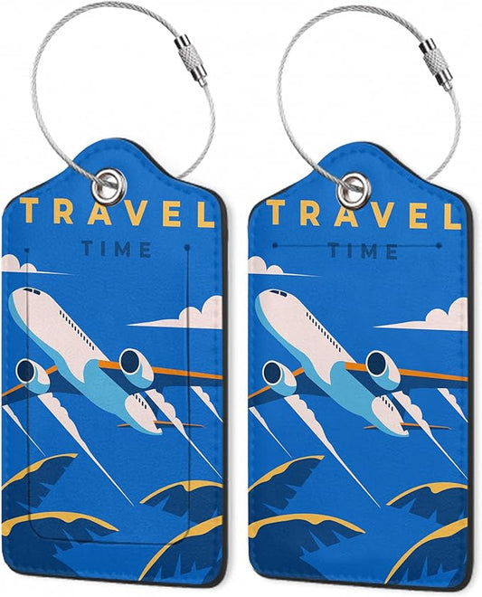 2 Pack Luggage Tags,Leather Suitcase Tags with Privacy Cover Name Address Labels& Durable Steel Loop for Men/Women Travel Bag Suitcases(Time to Travel Retro)
