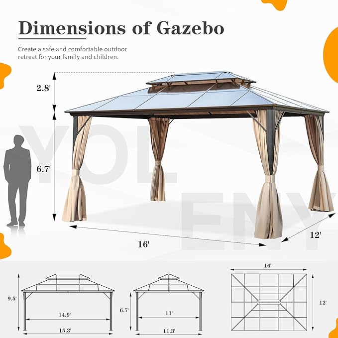 12'x16' Hardtop Gazebo, Outdoor Polycarbonate Double Roof Canopy, Aluminum - Image 3