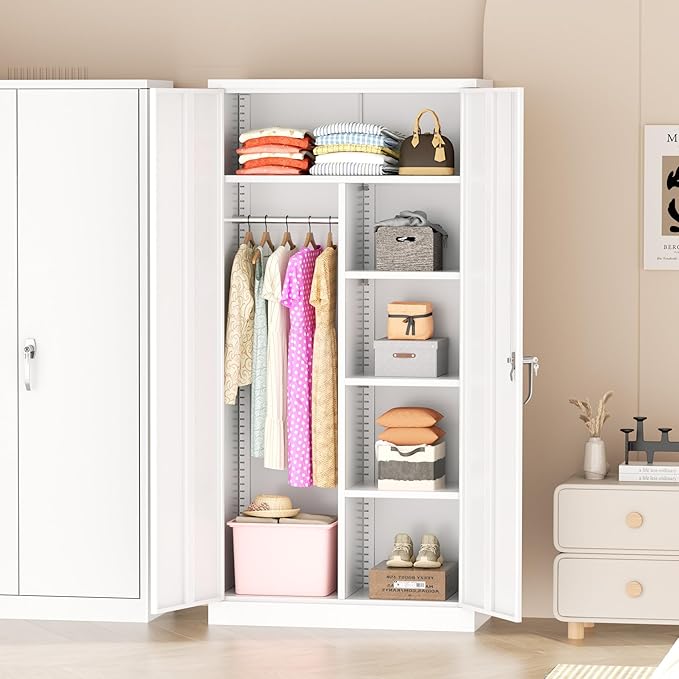 Greenvelly Metal Wardrobe Cabinet with Locking Doors, 72" H x 36" W White Metal Wardrobe Closet Cabinet with Hanging Rods and Adjustable Shelves, Steel Storage Closet for Home, Office, Employee, Gym