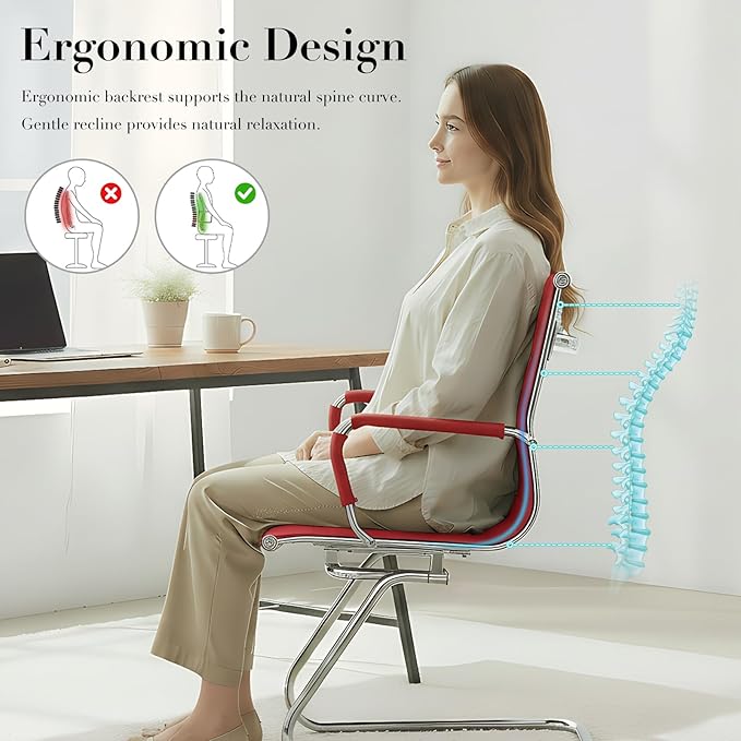 CIMOTA Waiting Room Chairs Leather Office Guest Chair Mid Back Reception Chairs with Sled Base for Meeting/Patient/Conference Room, Red Set of 4