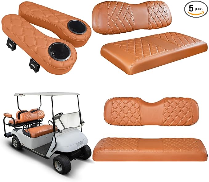NOKINS Golf Cart Seat Covers for Club Car DS 2000.5-Up, Vinyl Front&Rear Seat Cover with Flip-Up Armrests kit, with Cup Holder, for 1" Square Tube (All Brown)