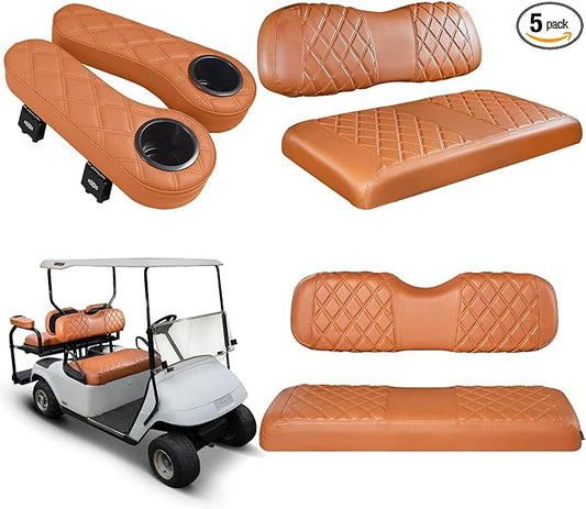 NOKINS Golf Cart Seat Covers for Club Car DS 2000.5-Up, Vinyl Front&Rear Seat Cover with Flip-Up Armrests kit, with Cup Holder, for 1" Square Tube (All Brown)