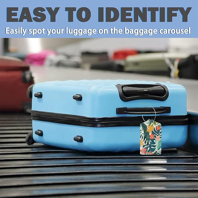 3 Pack PU Leahter Luggage Tag with Stainless Steel Loop,Tropical Flowers Travel Suitcase Labels with Privacy Cover ID Label Quickly Spot for Bags