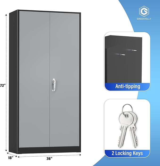 Greenvelly Metal Storage Cabinet with Doors and Shelves, 72'-Inch Locking Metal Cabinet for Garage, Office, School, Warehouse (Black Gray)