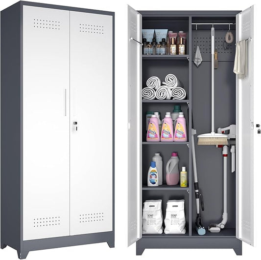 GREATMEET 72.8" H Metal Garage Storage Cabinets, Lockable Broom Closet Storage Cabinet with Doors and Shelves, Utility Cabinets for Storage Locker, Grey-White