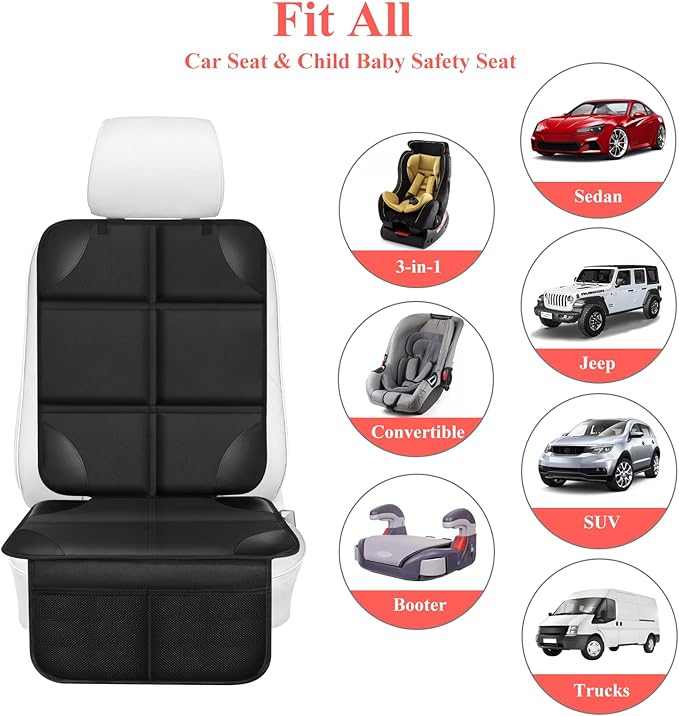 Car Seat Protector, Thick Padding Seat Protector Under Baby Car Seat, 600D Waterproof Non-Slip Fabric Seat Cover for Child and Pet with Pockets (Black 1 pcs)