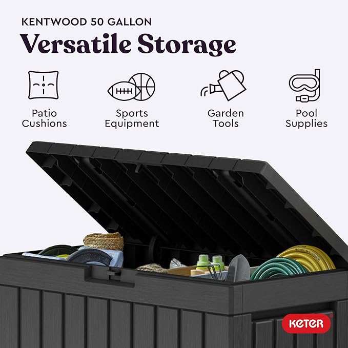 Keter Kentwood 50 Gal Outdoor Storage Box and Patio Side Table | Grey, - Image 4