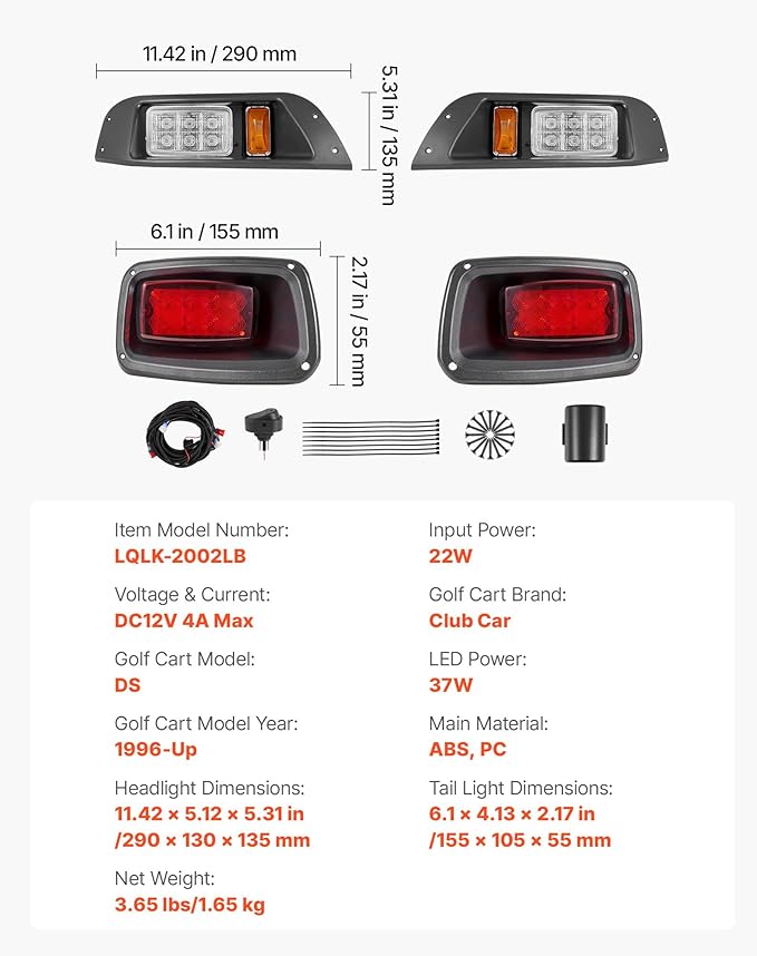 VEVOR Golf Cart Light Kit, 12V, LED Headlight and Taillight Kit with Wiring Harness, Switch, Zip Ties, ABS Housing, High-Brightness, Waterproof and Dustproof, Suitable for Club Car DS 1993-Up Models