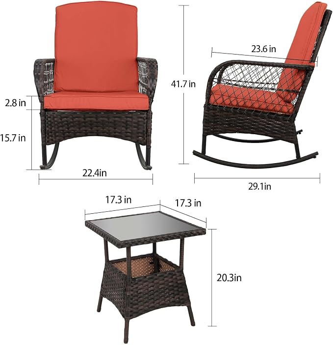 3 pcs Rocking Bistro Set Conversation Chairs PE Wicker Outdoor Rocking Chairs & - Image 3