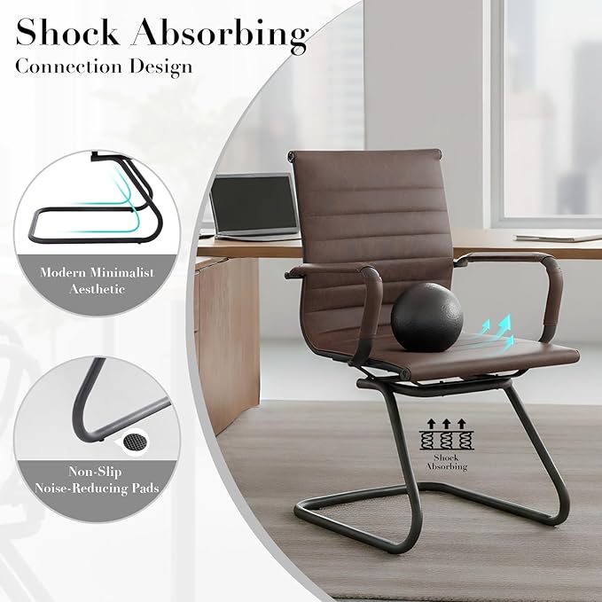 CIMOTA Waiting Room Chairs Set of 4 Leather Office Guest Chair Mid Back Reception Chairs with Sled Base for Meeting/Patient/Conference Room, Retro Brown, 4PCS