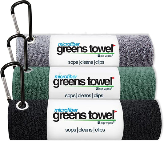 3 Pack Golf Towel Set for Golf Bags with Clip, Plush Microfiber Nap Fabric, 16x16, The Original, Multiple Colors (Grey-Black-Green)