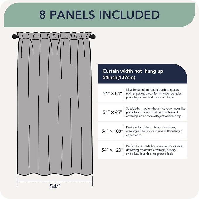 Outdoor Curtains for Patio Waterproof, 8 Panels, Rod Pocket | Weatherproof & - Image 6