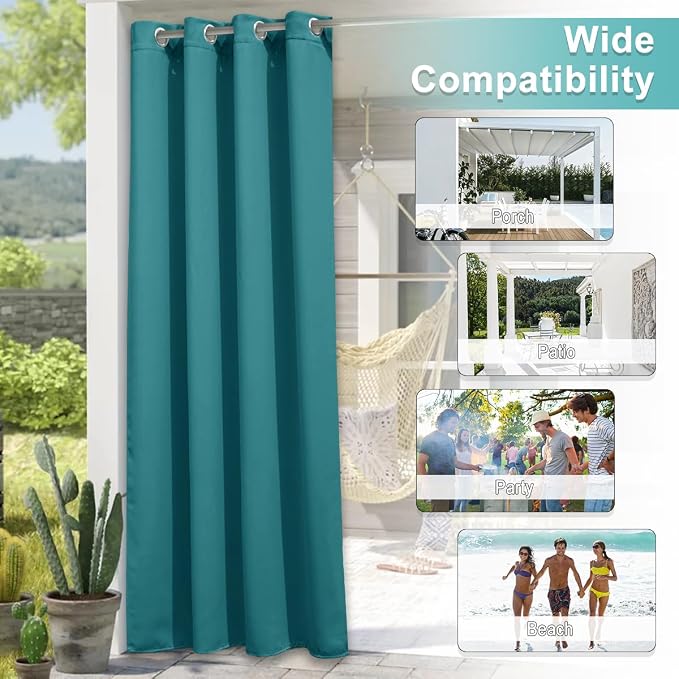 NICETOWN 2 Panels Peacock Teal Patio Outdoor Curtains 95 inch Length, Thermal - Image 6