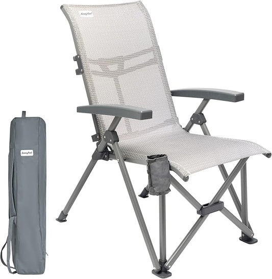 SUNNYFEEL 3-Position Recliner High-Back Camping Chair, Heavy Duty 500lbs Folding Chair with Hard Armrests & Cup Holder, Grey Ergonomic Chairs TPEE Breathable Mesh for Outdoor, Camp, Beach, Travel