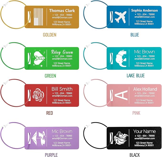 4 Pack Personalized Luggage Tags, Custom Engraved Aluminum Luggage Tags with Your Personalized Text, Waterproof Metal Name Tags with Steel Loop for Bags, Suitcase, Baggage, Backpack (Blue, Small)