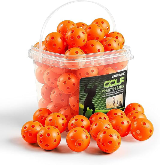 Golf Practice Balls Plastic Value 50 Pack and Golf Ball Bucket with Handle, Limited Flight Sports Training Ball, Indoor Outdoor Backyard Garden Driving Range Use