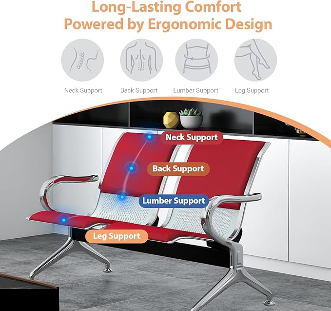 Kinfant Waiting Room Chairs with Arms – Red PU Leather Back & Cushioned Seat Heavy-Duty Steel Frame, Ergonomic Office Reception Guest Chair for Lobby, Clinic, Airport