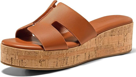 Coutgo Women's Platform Wedge Sandals Open Toe Slip On Slides Cork Heeled Cutout Comfortable Summer Shoes