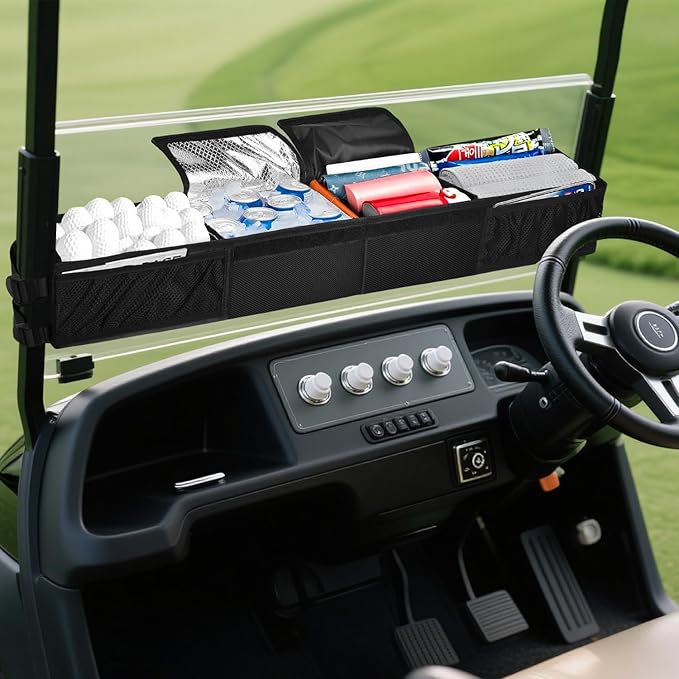 Golf Cart Storage Organizer, Golf Cart Front Storage Basket with Insulated Compartment No-Drilling Golf Cart Basket Compatible with EZGO, Club Car, Kandi Electirc Golf Carts