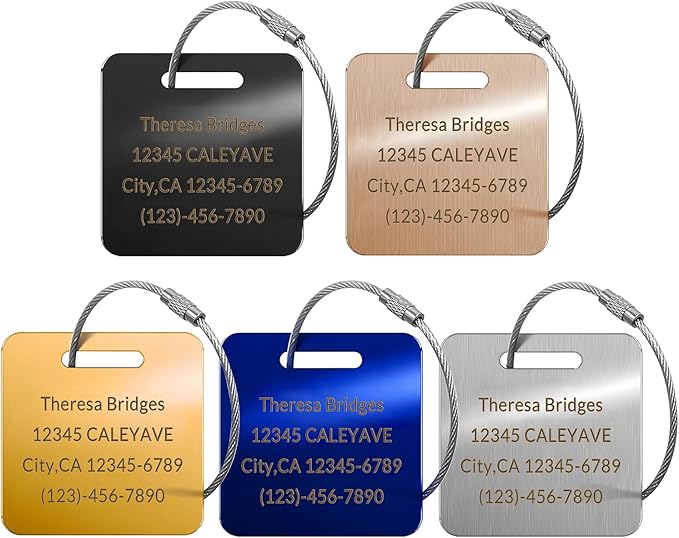 5 Pack Custom Engraved Luggage Tags, 2 x 2 inches Waterproof Personalized Luggage Tags, Aluminum Personalized Bag Tags for Suitcases/Backpack/Luggage Accessories [Black]