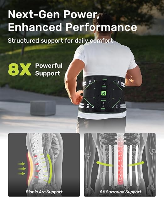Back Brace for Lower Back, 8X Powerful Lumbar Support with 3D Pad, Support Belt for Men Women, Breathable Back Support Brace with Adjustable Strap, Green Size M