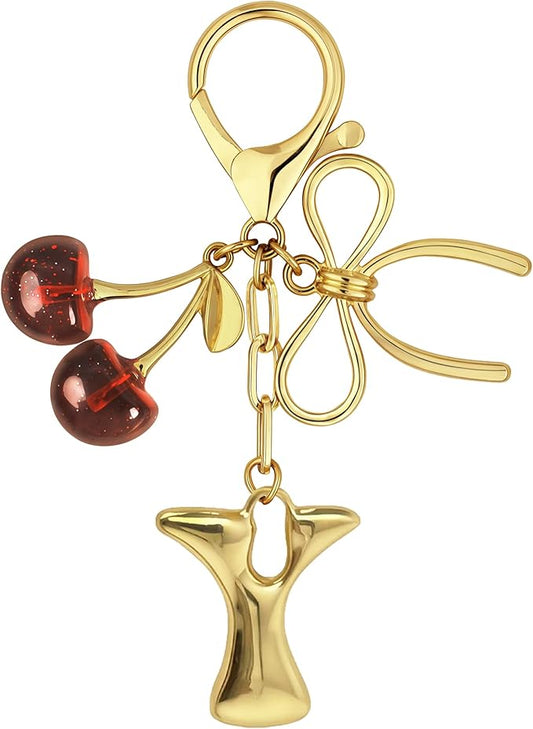 Gold Bubble Heart, Cherry, Bow & More Designs Letter Initial Keychain Bag Charms – Cute Purse Charms for Handbags