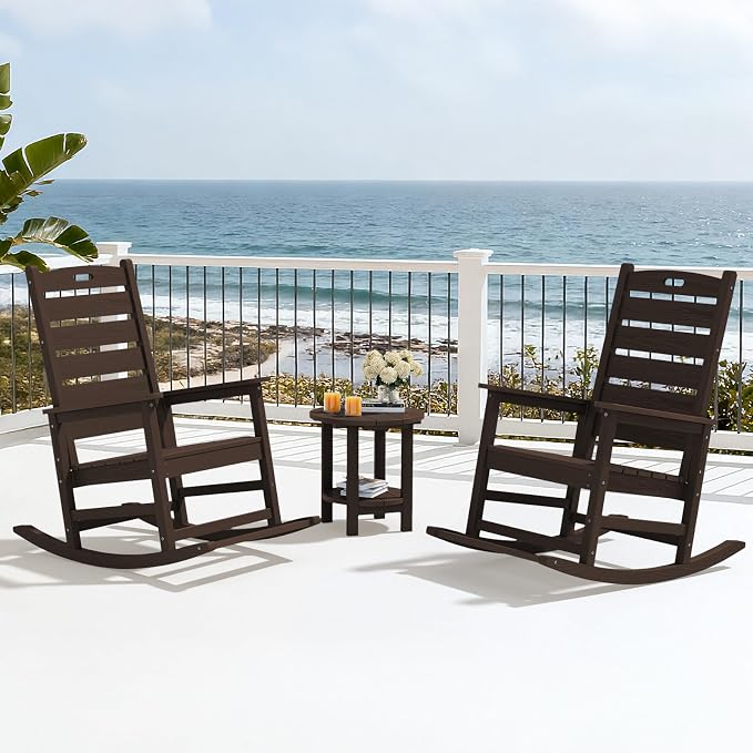 SERWALL Outdoor Rocking Chair Set of 4, Oversized HDPE Rocker, Coffee | - Image 10