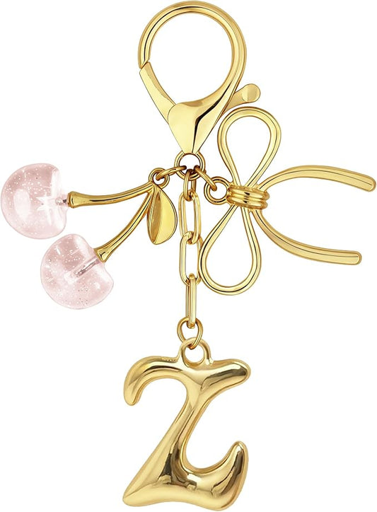 Gold Bubble Heart, Cherry, Bow & More Designs Letter Initial Keychain Bag Charms – Cute Purse Charms for Handbags
