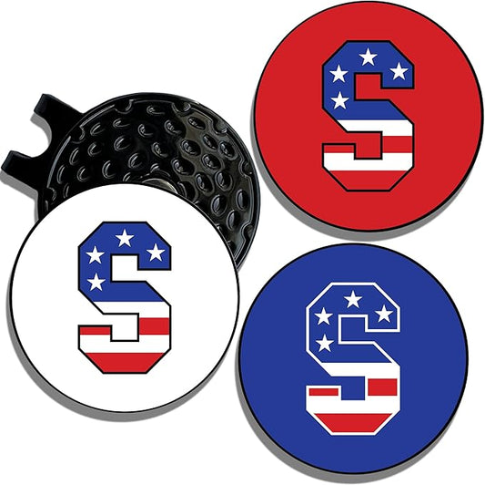 Wolf Golf Towels Golf Ball Marker Hat Clip | USA Monogram | 1 Magnetic Clip + 3 Ball Markers | Patriotic Golf Accessories for Men & Women