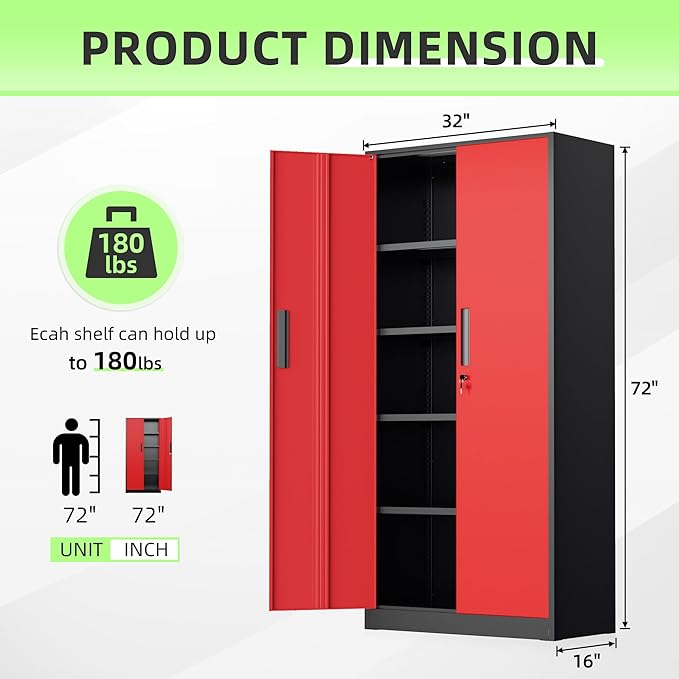 INTERGREAT Metal Storage Cabinet, 72" Locking Steel Cabinets with 2 Door and 4 Adjustable Shelves, Tall Metal Cabinet for Home Office, Garage, Warehouse,(Black+Red)