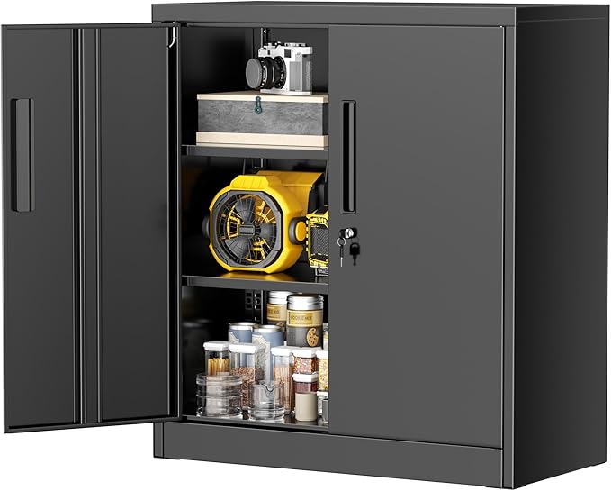 Greenvelly Metal Garage Cabinet, 36" H Locking Metal Storage Cabinet with 2 Doors and Adjustable Shelves, Black Steel File cabinets for Home Office, Garage and Utility Room (32" W x 16" D)