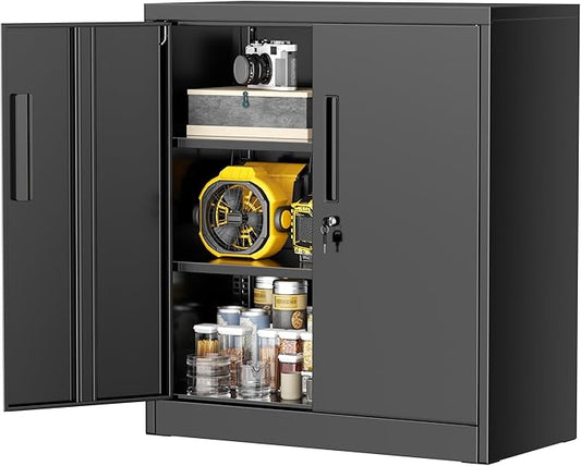 Greenvelly Metal Garage Cabinet, 36" H Locking Metal Storage Cabinet with 2 Doors and Adjustable Shelves, Black Steel File cabinets for Home Office, Garage and Utility Room (32" W x 16" D)