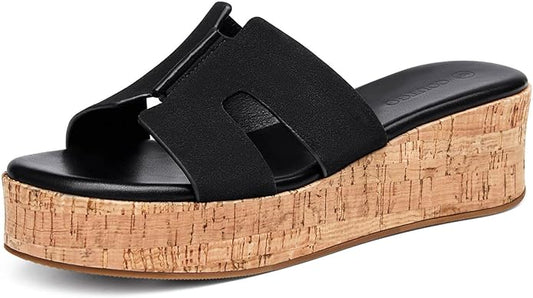 Coutgo Women's Platform Wedge Sandals Open Toe Slip On Slides Cork Heeled Cutout Comfortable Summer Shoes